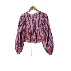 Anthropologie Kinga Csilla Cotton Paisley Tie Shirt Tunic Top Balloon Sleeves 4
